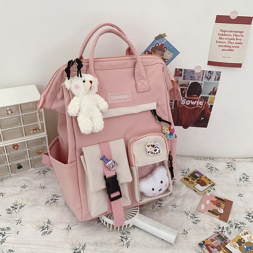 Color: Pink, Bag style: Bearhead 3badges - Schoolbag Female Harajuku Lightweight High School Backpa