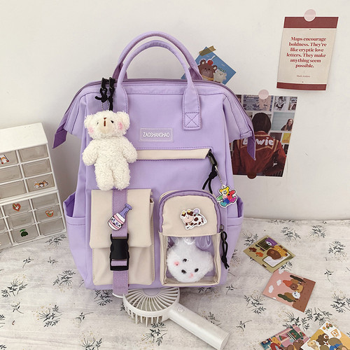 Color: Purple, Bag style: Bearhead 3badges blushbear - Schoolbag Female Harajuku Lightweight High S