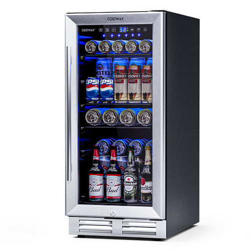 15 Inch 100 Can Built-in Freestanding Beverage Cooler Refrigerator with Adjustable Temperature and 