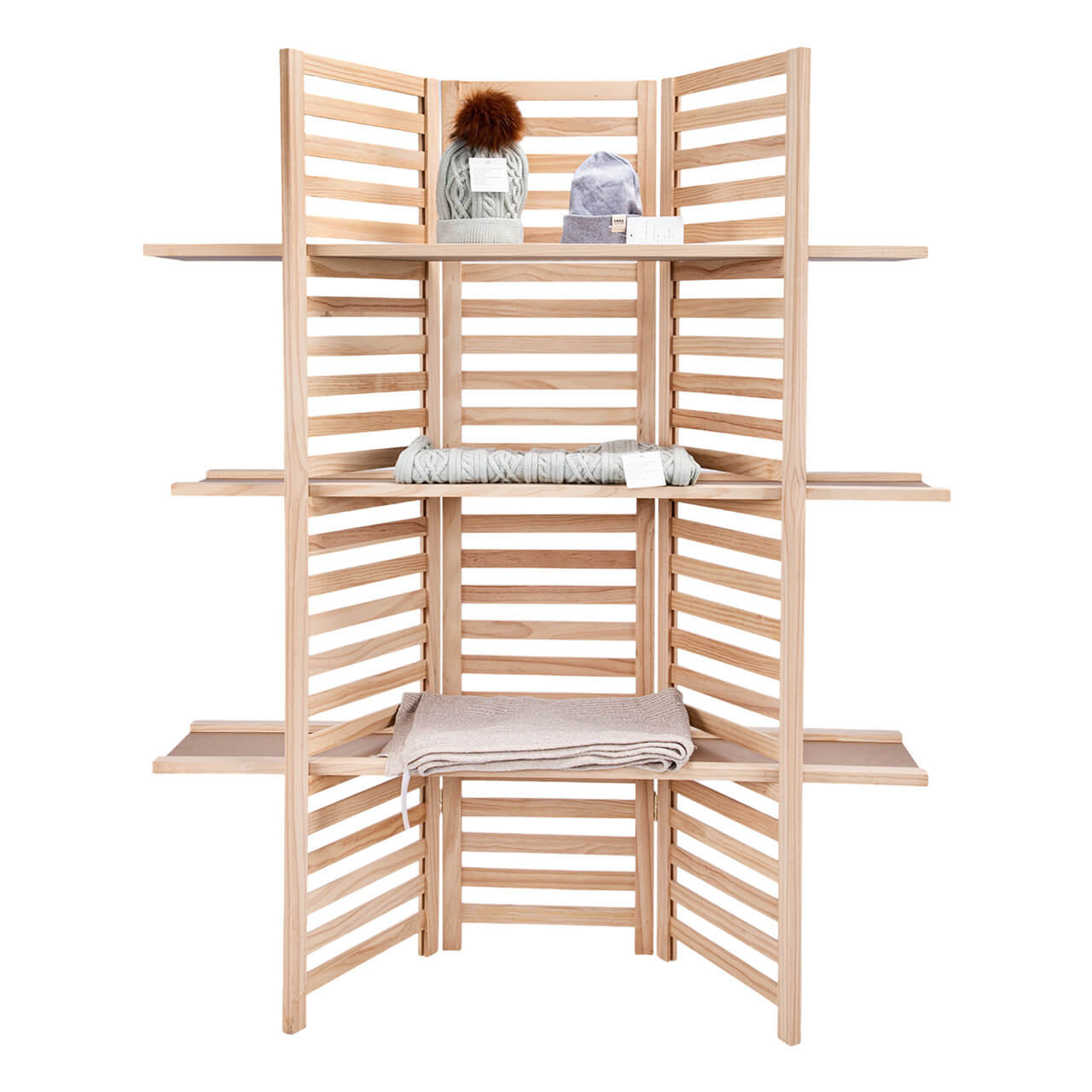 3-Panel Wood Display with 3 Shelves 3-Panel Wood Display with 3 Shelves