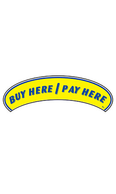 Arch Windshield Slogan Sticker - Blue/Yellow - "Buy Here/Pay Here"zoom