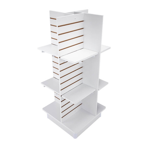 4-Panel White Slatwall Tower with Casters and Shelves