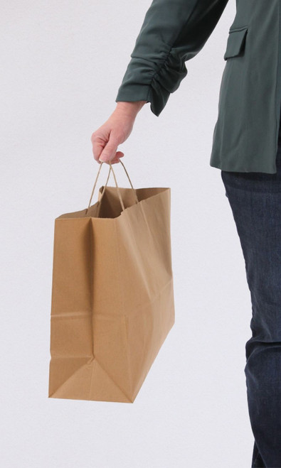 An image of a person holding the natural kraft paper shopping bag.
