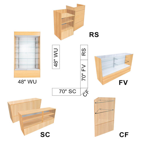 Maple Full Vision Display Case Arrangement Set - Fully Assembled