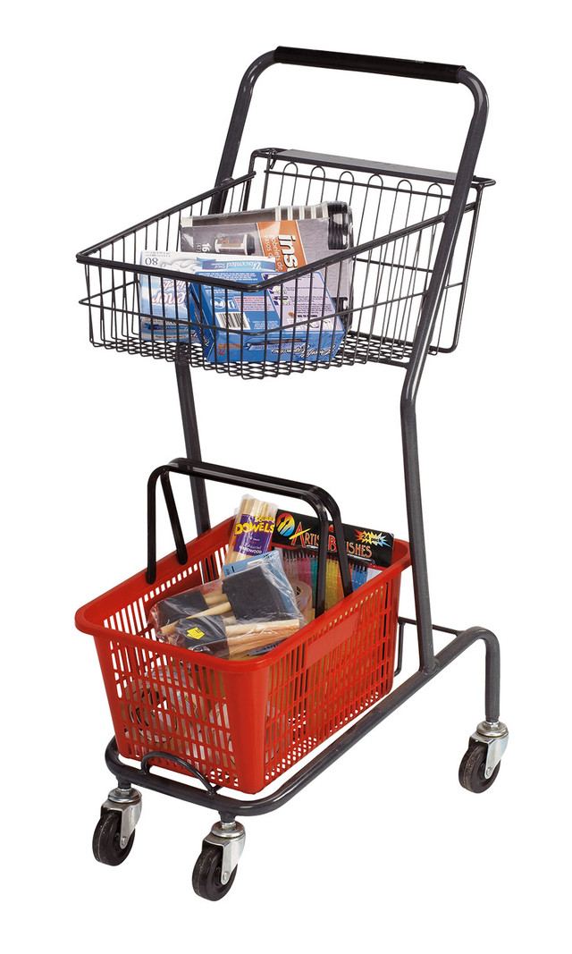 Set Of 12 Red Plastic Shopping Baskets With Stand & Sign - 12"W X 15"L X 8"D