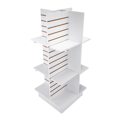 4-Panel White Slatwall Tower with Casters and Shelves | Store