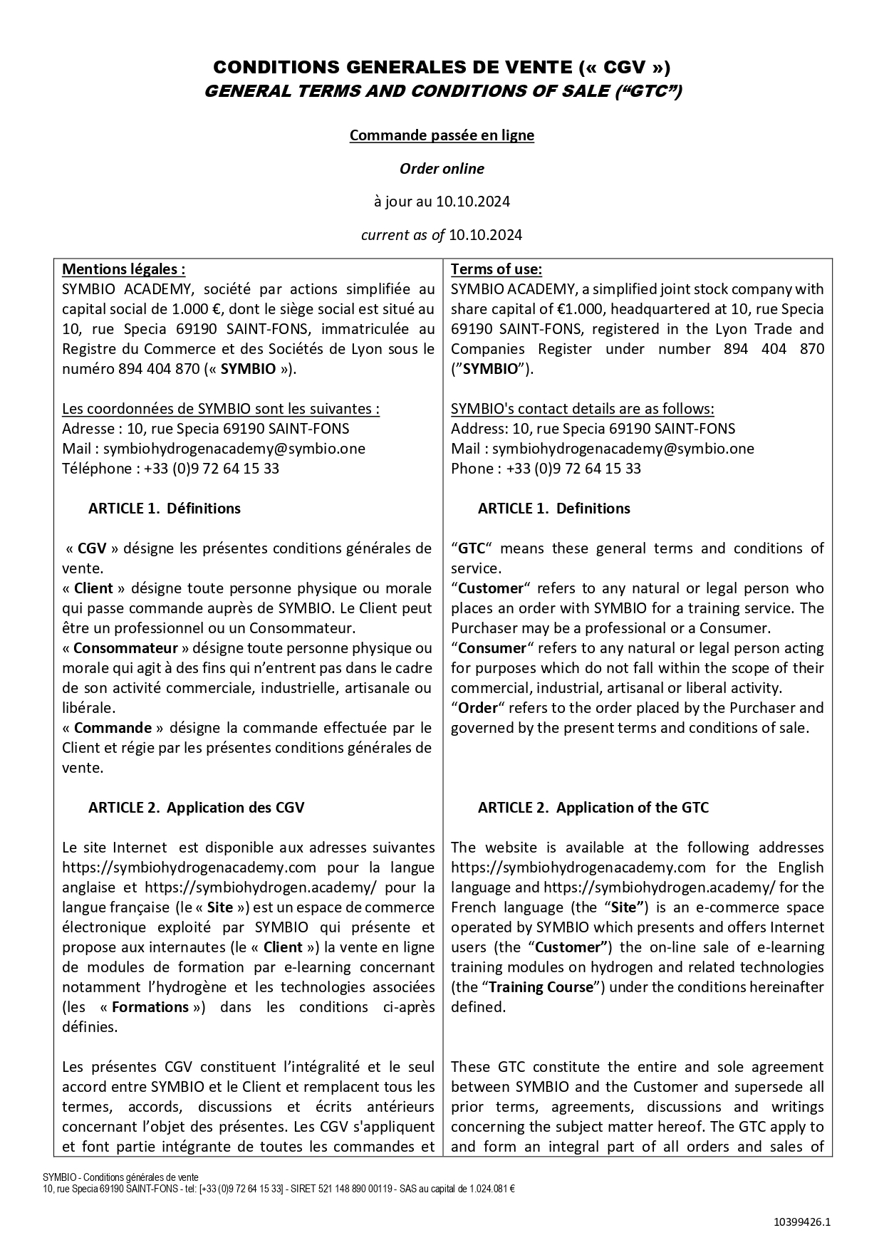 Conditions Générales de Vente de l'entreprise : Article 1 - Définitions et Article 2 - Application des CGV.