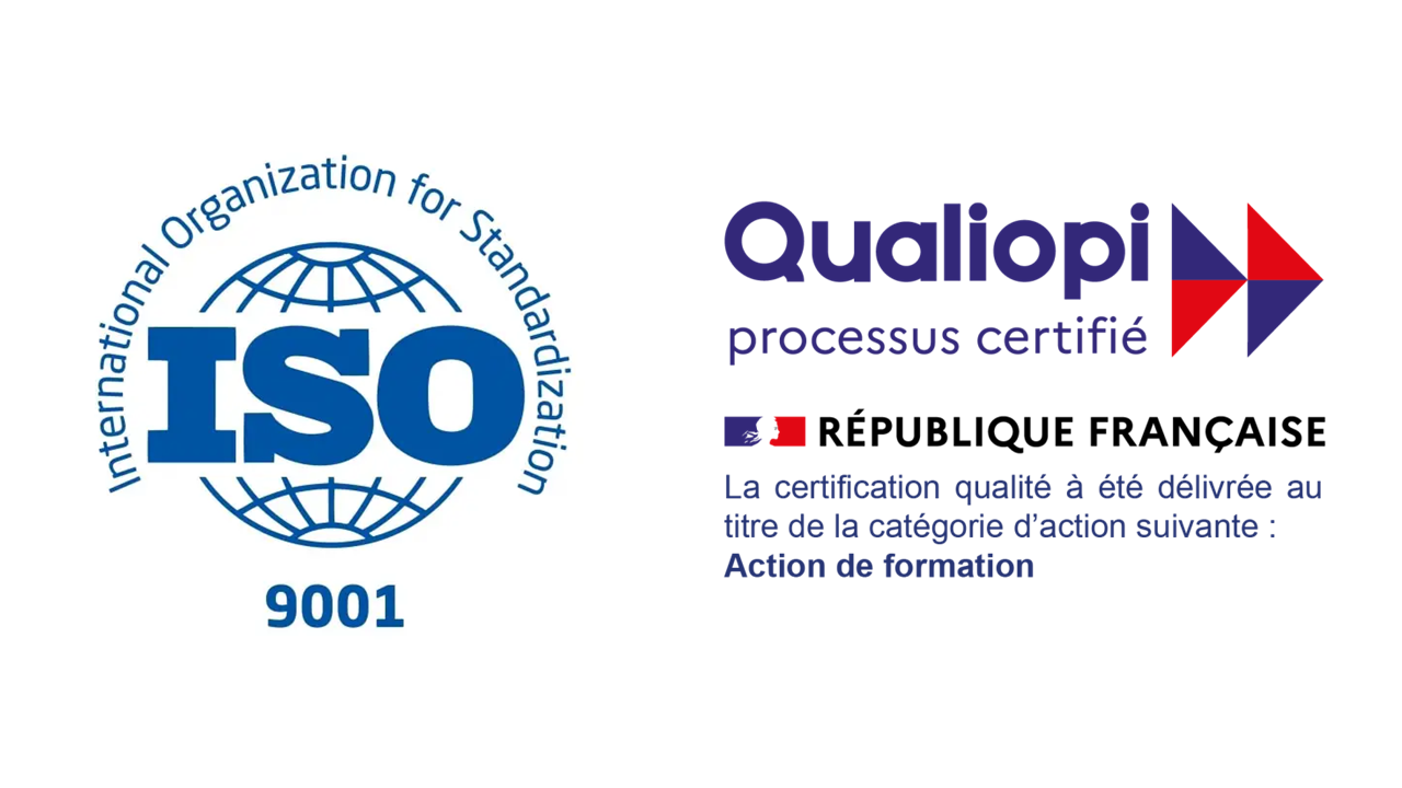 logo de la norme ISO 9001 à gauche et logo de la certification Qualiopi à droite