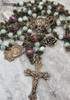 Virgin Mary Rosa Mystica Green Moonstone Pink Ruby Solid Bronze Ornate Rosary