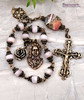 Virgin Mary Immaculate Heart Morganite Rhodonite Vintage Bronze Ornate Chaplet