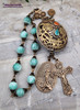 Assumption of Mary Angels Flowers Green Moonstone Large Vintage Bronze Ornate Chaplet