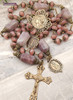 Virgin Miraculous Mary Pink Strawberry Quartz Lepidolite Vintage Bronze Large Rosary