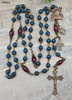 Vintage bronze rosary with blue jade and red agate prayer beads, featuring a Jesus Sacred Heart medallion, perfect for Catholic devotion and meditation.