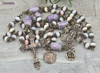 Unique antique-style rosary featuring solid bronze medals of Crowned Mother Mary with Baby Jesus, Blessed Virgin Mary, and Our Lady of Lourdes, crafted with multicolor pastel opal and lepidolite beads for Catholic prayer and devotion.