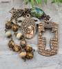 Vintage-style masculine chaplet with solid bronze Holy Face of Jesus Crown of Thorns medal, Holy Spirit medal, large artisan cross medal, heart with cross center, picture jasper, and turquoise beads