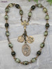 Antique-style heirloom devotional St. Peregrine chaplet with solid bronze medals of Virgin Mary, Miraculous Mary, Sacred Heart of Jesus, St. Therese, Archangel Raphael, Guardian Angel, Our Lady of Lourdes, and green jade and prehnite beads