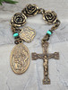 One-of-a-kind antique-style pocket chaplet with hand-cast solid bronze medals of St. Peregrine, Our Lady of Lourdes, and the Blessed Virgin Mary, crafted with genuine turquoise beads.