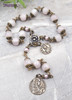 One-of-a-kind ornate antique-style 13-bead heirloom chaplet devoted to Mary Magdalene, with solid bronze medals including Sacred Heart and Carmel, crafted with rose quartz and pearl shell beads.