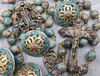 One-of-a-kind massive antique-style XLarge heirloom wall rosary with solid bronze medals of Crowned Virgin Mary, Sacred Heart of Jesus, and French crucifix, crafted with blue agate, turquoise, and red coral beads.