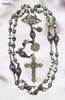 Heirloom rosary with bronze medals of Blessed Virgin, Miraculous Mary, and Our Lady of Lourdes, featuring tree agate and purple sugilite beads.