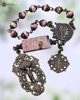 Ave Maria Miraculous Mary Angels Adoring Cross heritage bronze rosary genuine oyster shell rhodonite