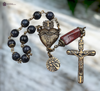 Sacred Bleeding Heart Jesus Holy Eucharist premium heritage bronze antique style chaplet dark blue black tiger eye red brecciated jasper