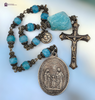 Holy Family Mary Jesus Joseph Hearts Mother Mary premium heritage bronze antique chaplet blue jade amazonite by Bless And Heal Me