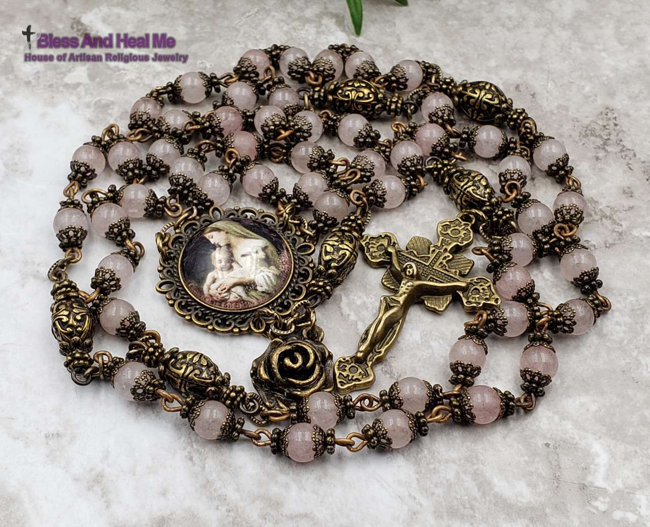 Mother Mary Baby Jesus Lamb Rose Quartz Bronze Tone Ornate Rosary