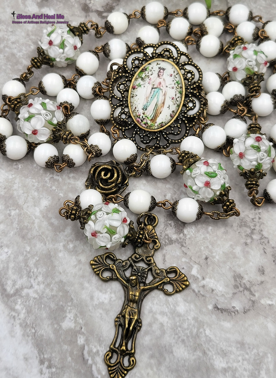 Lourdes Flowers White Shell Bronze finish Ornate Rosary