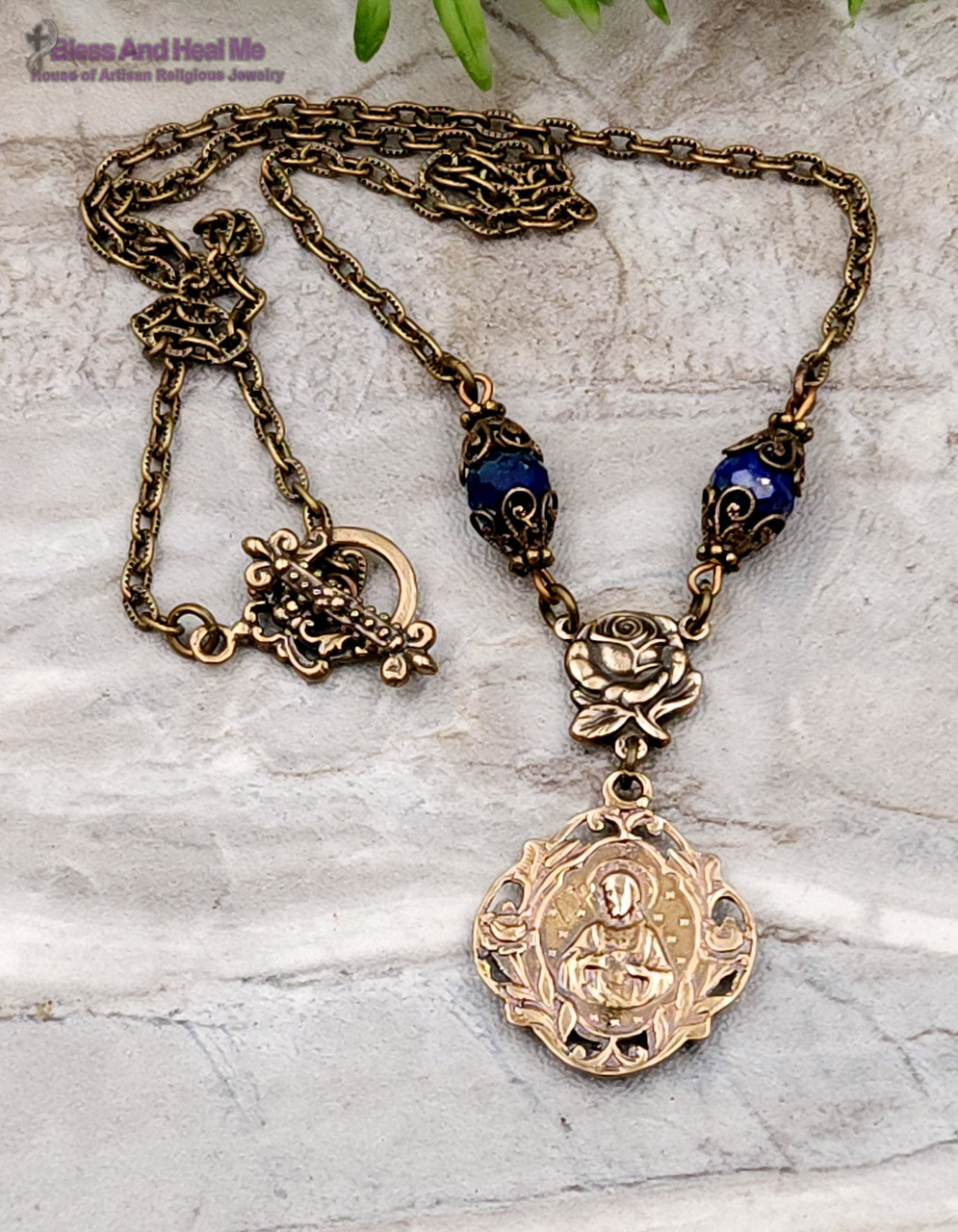 Sacred Heart of Jesus Lapis Bronze Antique Style Catholic Necklace