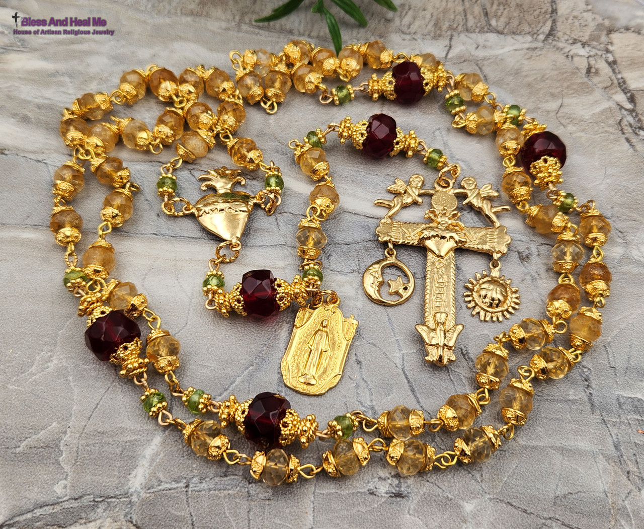 Sacred Heart of Jesus Sun Moon Citrine Peridot 22k Gold Pltd Ornate Rosary