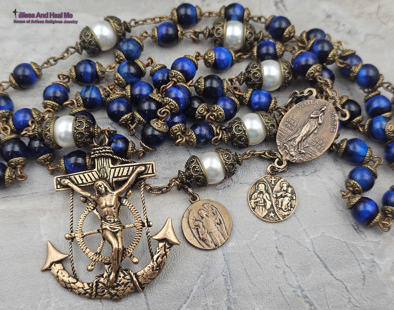 Stella Maris Anchor Crucifix Michael Nautical Blue Tiger Eye