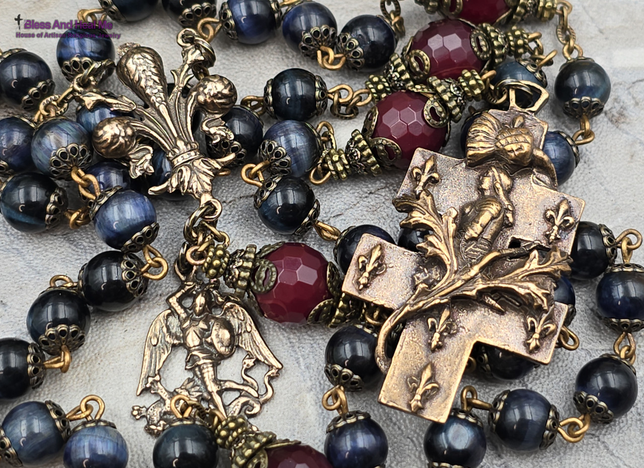 Joan of Arc Michael Blue Tiger Eye Red Jade Vintage Bronze Rosary