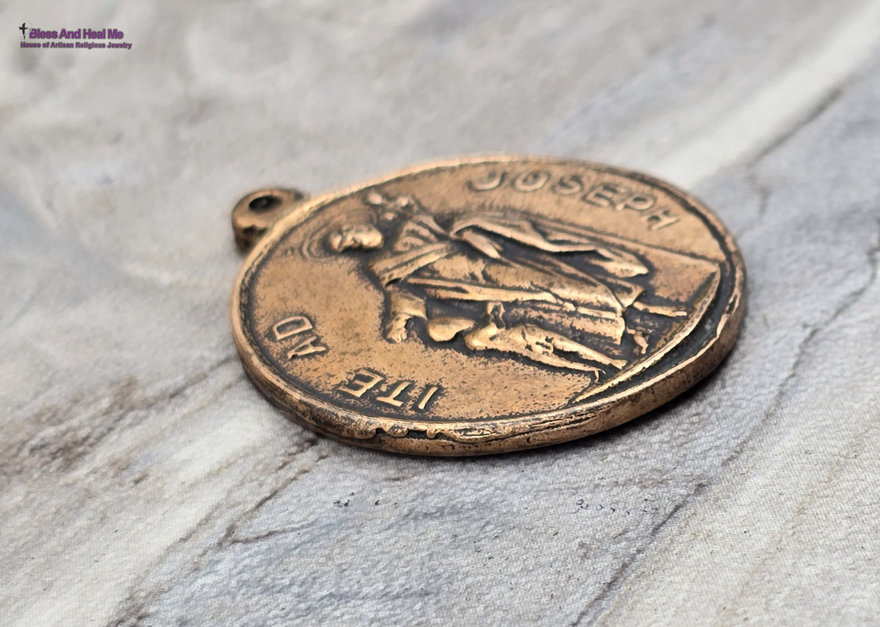 St Joseph with Guardian Angel Catholic Medal -Large Solid Bronze