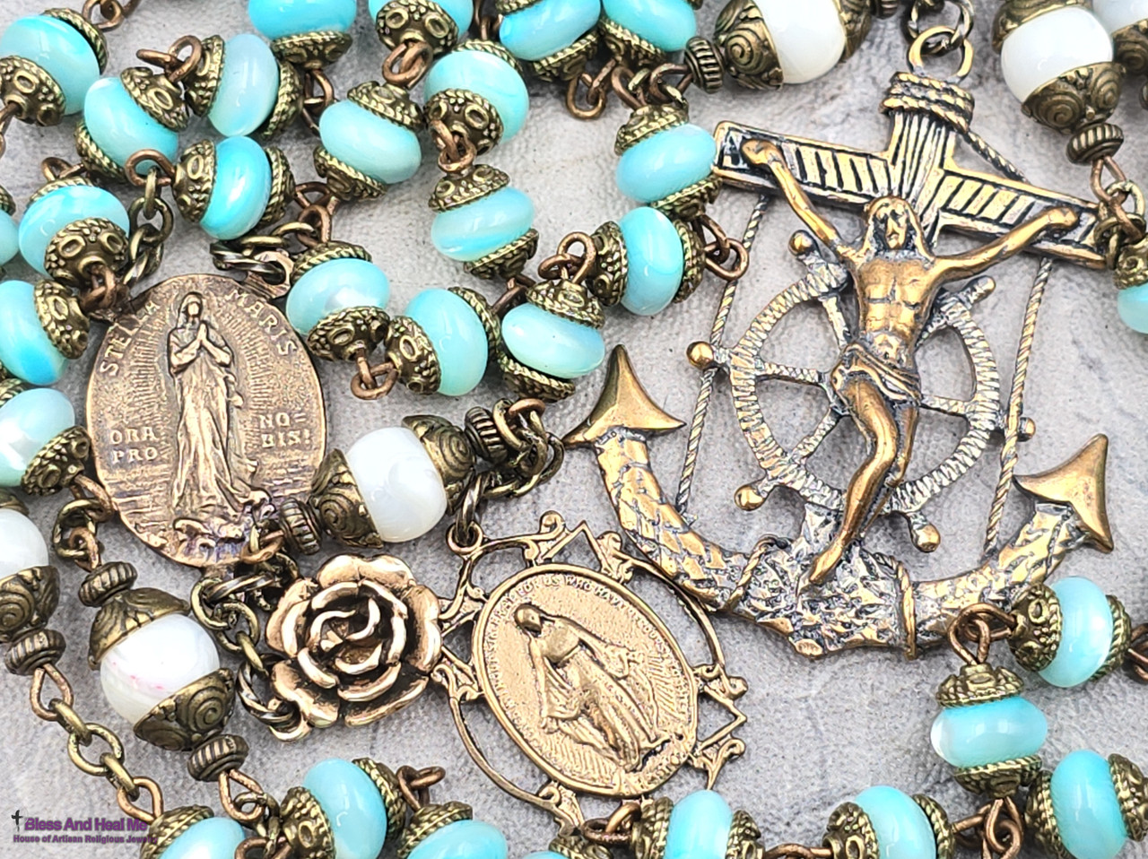 Stella Maris Miraculous Mary Rosary - Anchor Crucifix, Bronze