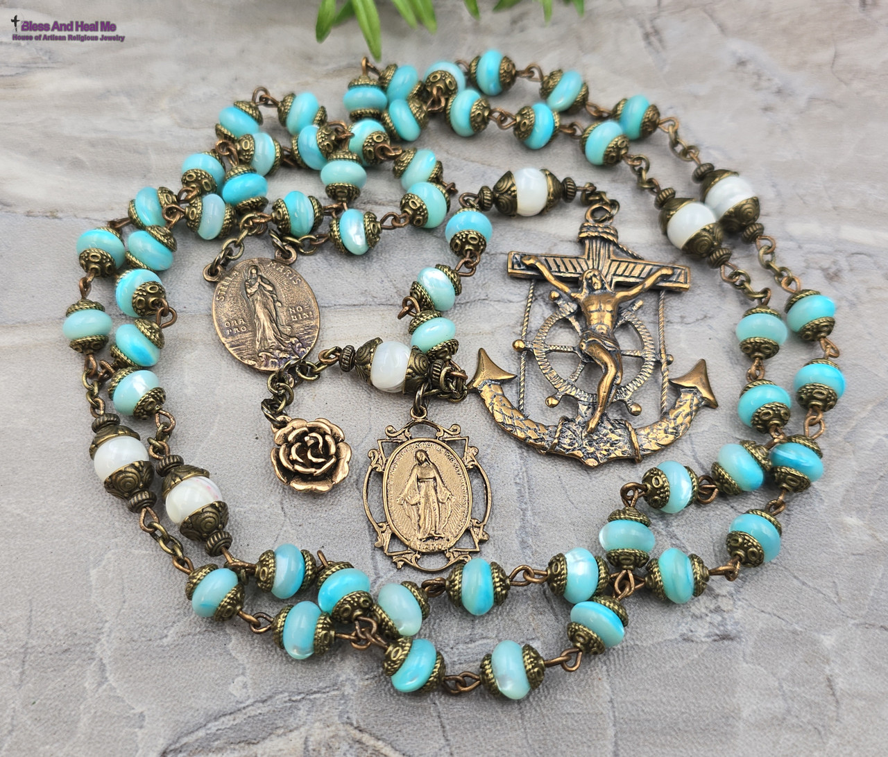 Stella Maris Miraculous Mary Rosary - Anchor Crucifix, Bronze