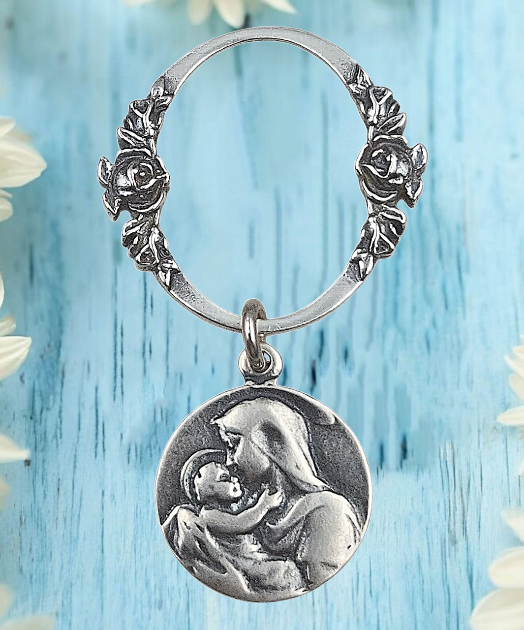 Blessed Virgin Mary Pocket Medal Prayer Ring Keychain | Sterling