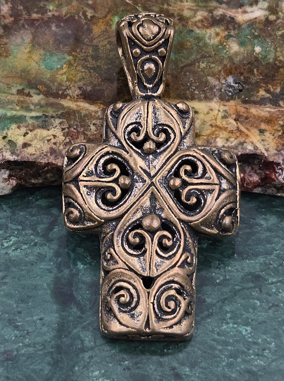 Solid Heritage Bronze Ornate Crucifix Pendant | Large Chunky | 2 1