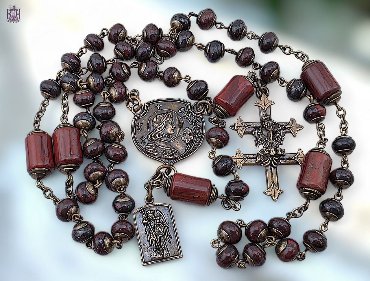 MESSIAH SACRED ORDER 片桐由摩 CARNELIAN Joan of Arc & St. Michael Rosary – Bronze with Red Jasper