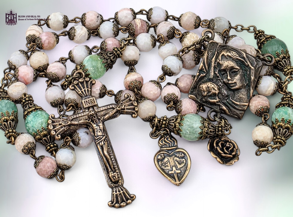 Mother Mary Tween Hearts Rosary – Bronze with Opal & Jade Mother Mary Tween Hearts Rosary – Bronze with Opal & Jade