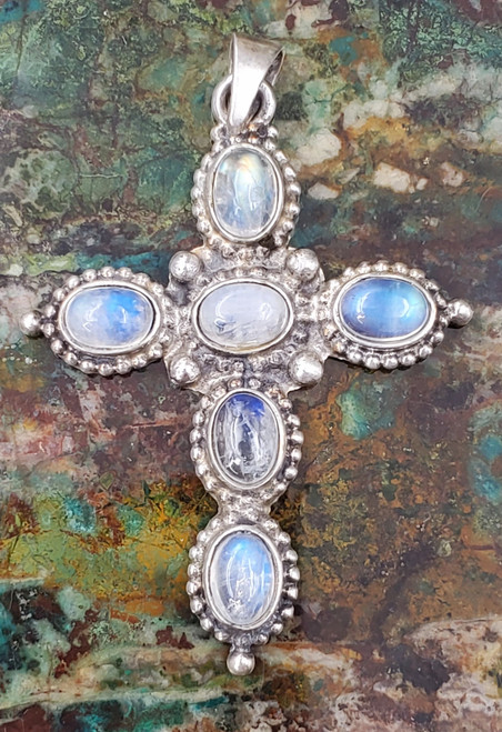 Nicky Butler Moonstone Ornate Bali Sterling Silver Religious Cross Pendant Necklace Large