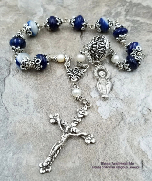 Miraculous Mary Blue Agate Pearls Sterling Silver Handcrafted Rosary Chaplet for peace,protection,happiness,abundance,vitality