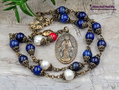 Mother of Joy Devotional Lapis-lazuli White pearls Red Coral Bronze Ornate Antique Style Chaplet Joy Happiness Love Loyalty Prosperity