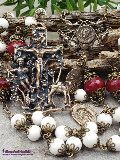 Lamb of God,Face of Jesus,Crown of Thorns, Holy Trinity,Easter White Mother of Pearl Red Jade Bronze Antique Style Ornate Rosary