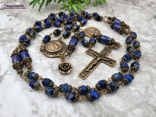 Virgin Mary Lourdes Blue Tiger Eye Lapis Lazuli Garnet Bronze Antique Style Ornate Rosary