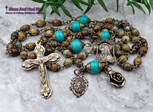 Blessed Virgin Mary St Therese Turquoise Bronze Ornate Antique Style Rosary