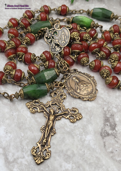 Miraculous Mary Sacred Heart of Jesus Carnelian Antique Style Ornate Rosary