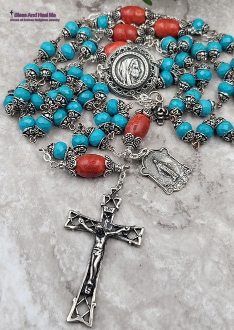 Virgin Miraculous Mary Lourdes Turquoise Red Coral Sterling pltd Ornate Rosary