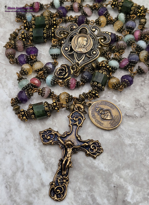 Virgin Mary Sacred Heart of Jesus Ruby Moonstone Aquamarine Tanzanite Citrine Amethyst Ornate Antique style Bronze Rosary