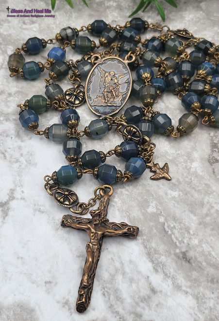 Archangel Michael Holy Spirit Blue Grey Agate Bronze Large mens Rosary